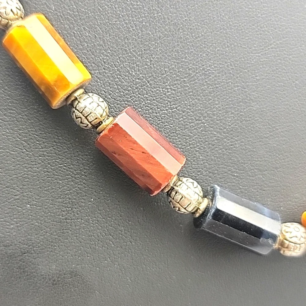 Red Yellow Blue Faceted Tiger Eye Tube Bead Silver Gold Tone Beaded Necklace